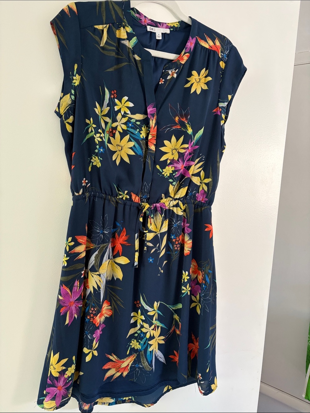 DR2 Navy Floral Drawstring Mini Dress with Yellow & Pink Blooms
